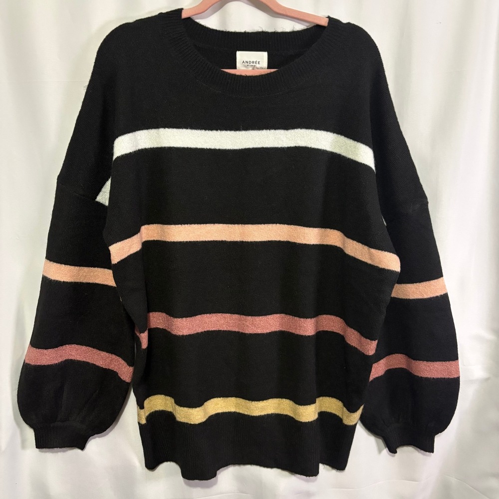 Andree by Unit Black Striped Oversized Knit Sweater 2X NWT Black Multi Stripe